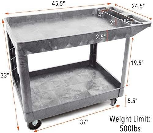 Tubstr Extra Large Two-Shelf Utility Cart with Wheels | 500 lb. Capacity Rolling Utility & Tool Cart for Warehouses, Industrial Settings, Auto Garages, & More (Gray, 45.5 x 24.5)
