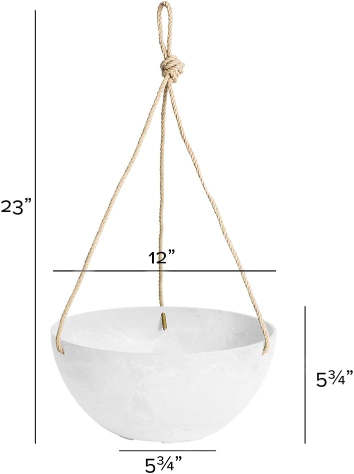 Root & Vessel Self Watering Hanging Planter for Indoor or Outdoor Plants, Unique Marbled Hanging Basket Made of Eco-Friendly Blend of Stone & Plastic, White, 12"