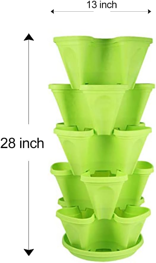 Strawberry Stacking Planters, Vertical Garden Tower, 5 Tiered Stackable Herb Vegetable Planters with Movable Casters and Bottom Saucer Indoor and Outdoor - Green