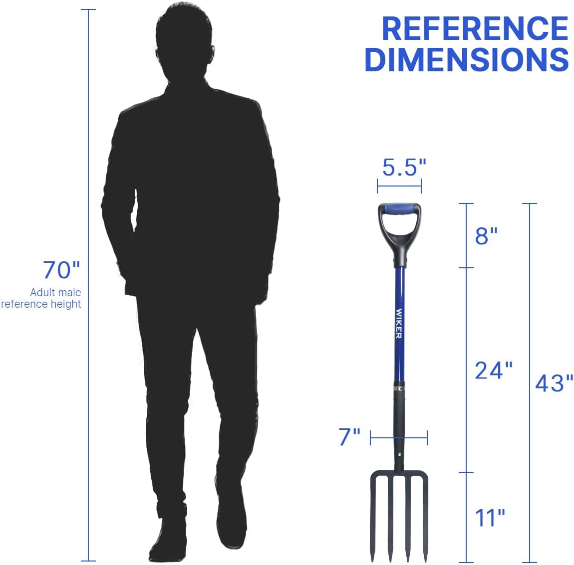 WIKER Pitchfork,Pitchforks for Gardening Digging Composting Spading,4Tines Garden Fork witn Fiberglass Handle,43 Inches