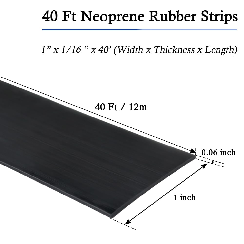 Neoprene Rubber Strips Self Adhesive Solid Rubber Sheets, Rolls & Strips for DIY Gaskets Crafts Pads Seals Warehouse Flooring Neoprene Sheet with Adhesive Backing (1" Wide x 1/16" Thick x 40' Long)