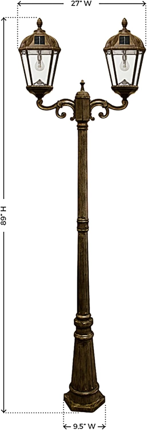 Gama Sonic Outdoor Solar Lamp Post Light Kit, Royal Bulb 300 Lumens, Double Head Weathered Bronze Cast Aluminum Post Lamp and Light Pole, Warm White Light 2700K, 98B302 (Upgraded Battery and Panel)