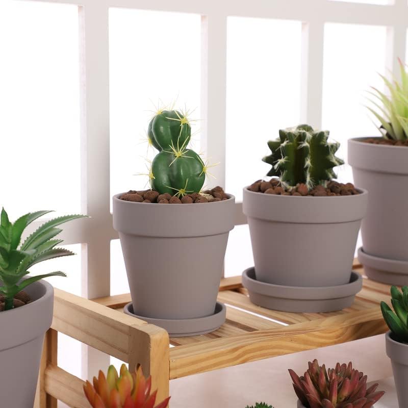 Grey Terra Cotta Pots with Saucer - 6-Pack Small 4'' Clay Ceramic Pottery Planter for Cactus, Flowers, Succulents - Drainage Hole, Great for Plants, DIY Craft Projects