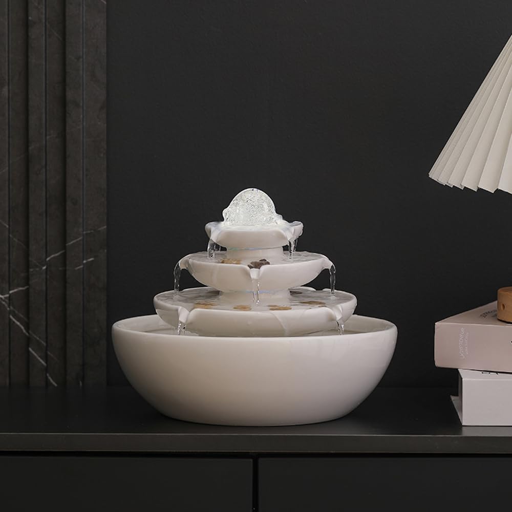 Indoor Tabletop Ceramic Fountain Water Feature Home Kitchen Office Decoration Modern Design Style (White)