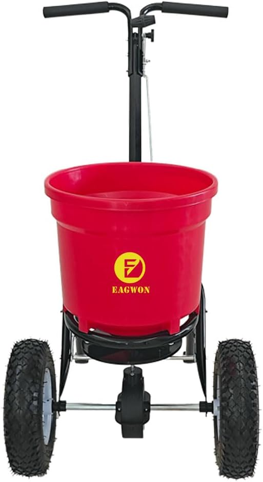 50lb Broadcast Spreader, Capacity Lawn Spreader & Fertilizer Spreader, Rustproof Poly Hopper, Adjustable Drop Rate, All-Terrain Pneumatic Tires, Epoxy-Coated Frame for Lawn Care, Red