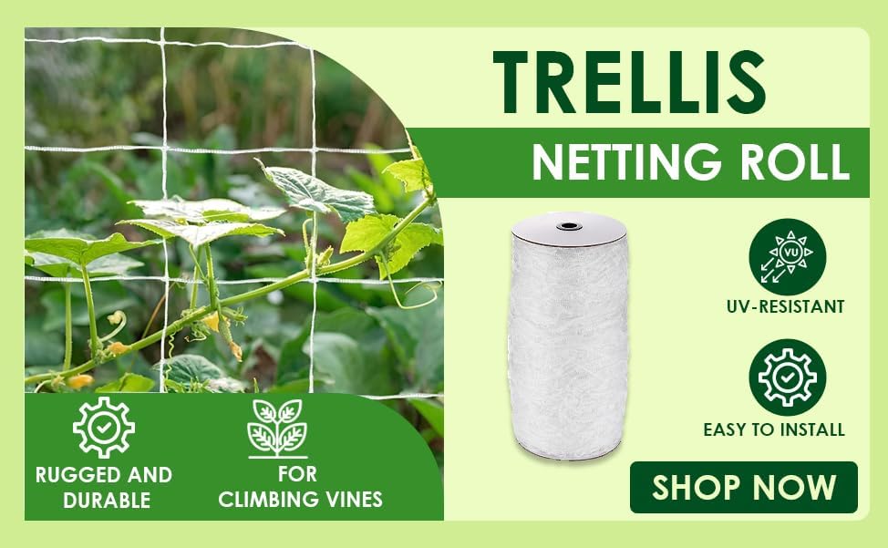 OLDMACDONALD Heavy Duty Polyester Trellis Netting Bulk Roll, 5ft x 350ft (60” x 350’ | 1.52m x 106.5m), 6" (15 cm) Squares, Heavy Duty Scrog Net Climbing Plants Vegetables Fruits Flowers Growing Vine