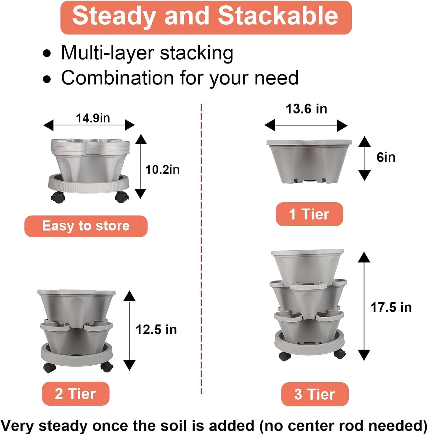 Vertical Planter 3 Tier Stackable Planters Garden Planters Strawberry Herb Flower and Vegetable Planter Indoor Outdoor Gardening Pots with Removable Wheels and Tools 2-Pack