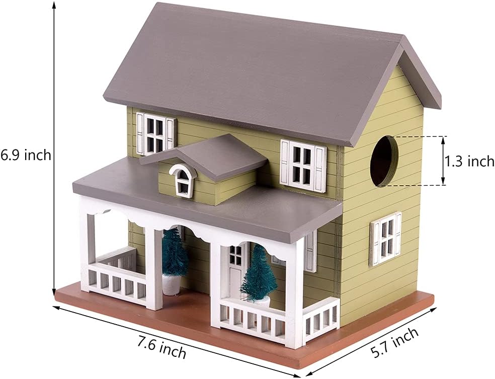 Decorative Wooden Birdhouse for Outdoor Hanging – Handcrafted Miniature Cottage Style with Blue Roof, Front Porch, and Balcony – Garden or Backyard Décor for Wild Birds (Mossy Green Victorian)