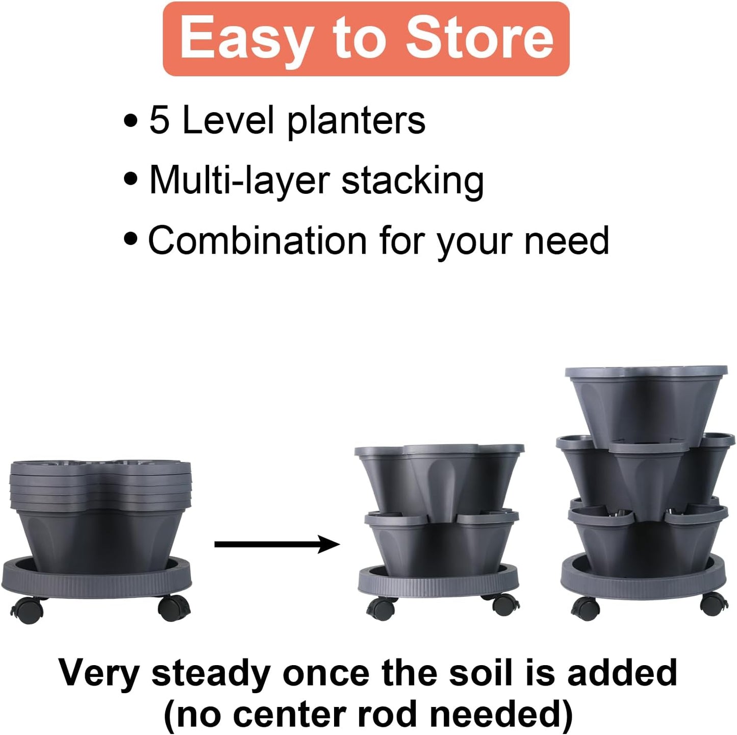 DUNCHATY Stackable Planter, Vertical Garden Planter with Wheels and Tools, Self Watering Strawberry Indoor/Outdoor 5 Tier Tower Herb for Growing Vegetables Succulents, Dark Gray