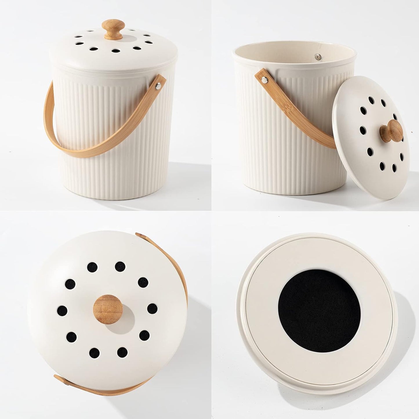 LALASTAR Countertop Compost Bin with Lid, Made of Sustainable Bamboo Fiber, Odorless Kitchen Compost Bucket, 1 Gallon, Cream