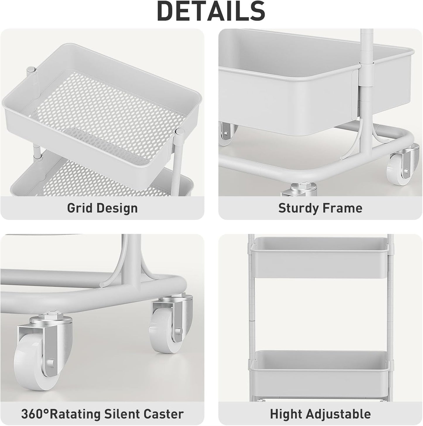 3-Tier Modern Metal Rolling Utility Cart with Silent Casters, 15.35x11.81x23.74 inch Heavy Duty Organizing Cart Trolley Organizer for Office, Living Room, Kitchen,(White)