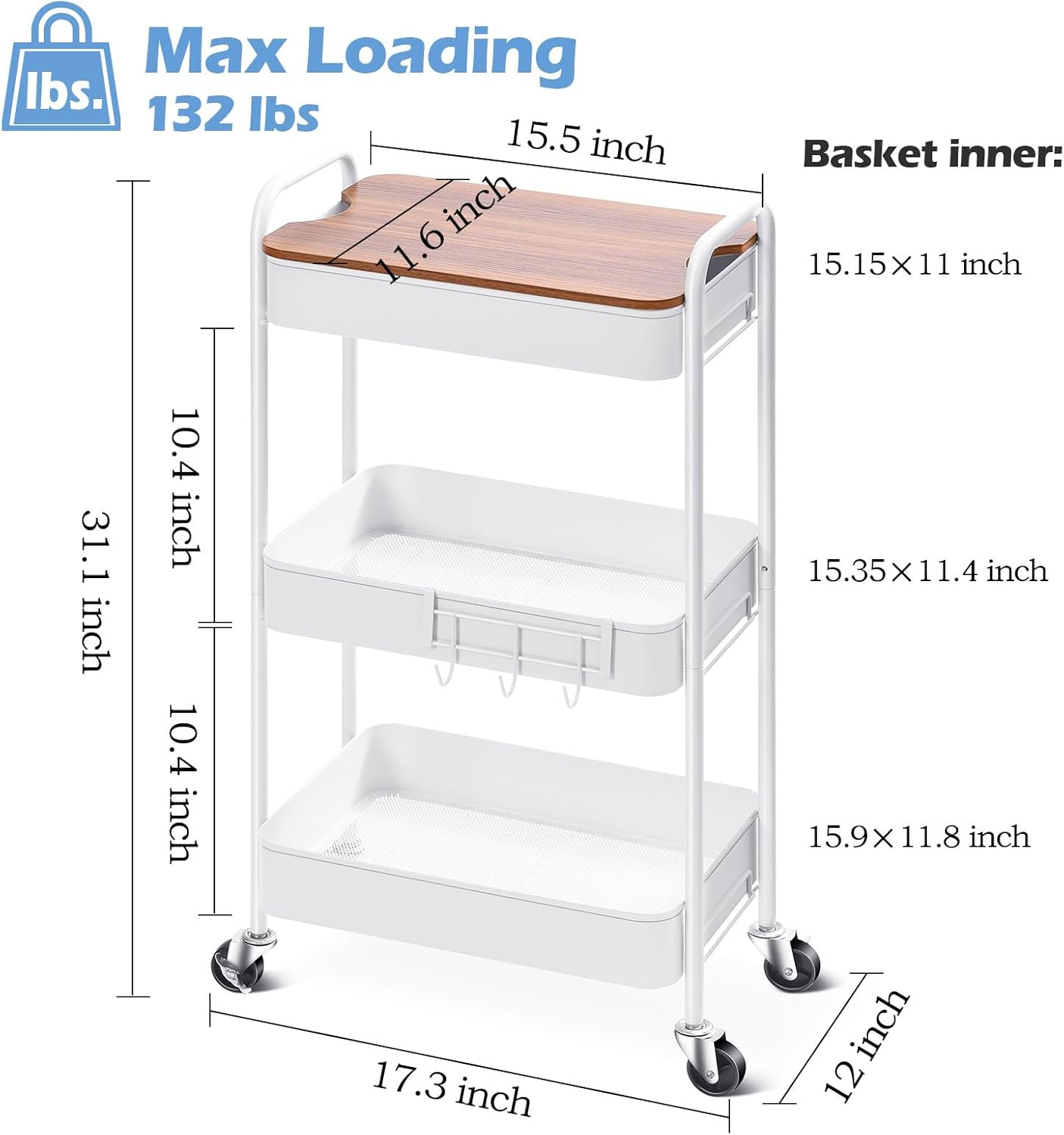 TOOLF 3-Tier Rolling Cart with Table Top, Metal Storage Cart on Wheels, Utility Organizer with Wooden Tray, Lockable Casters, Easy Assembly for Bathroom, Living Room, Office, Kitchen, White