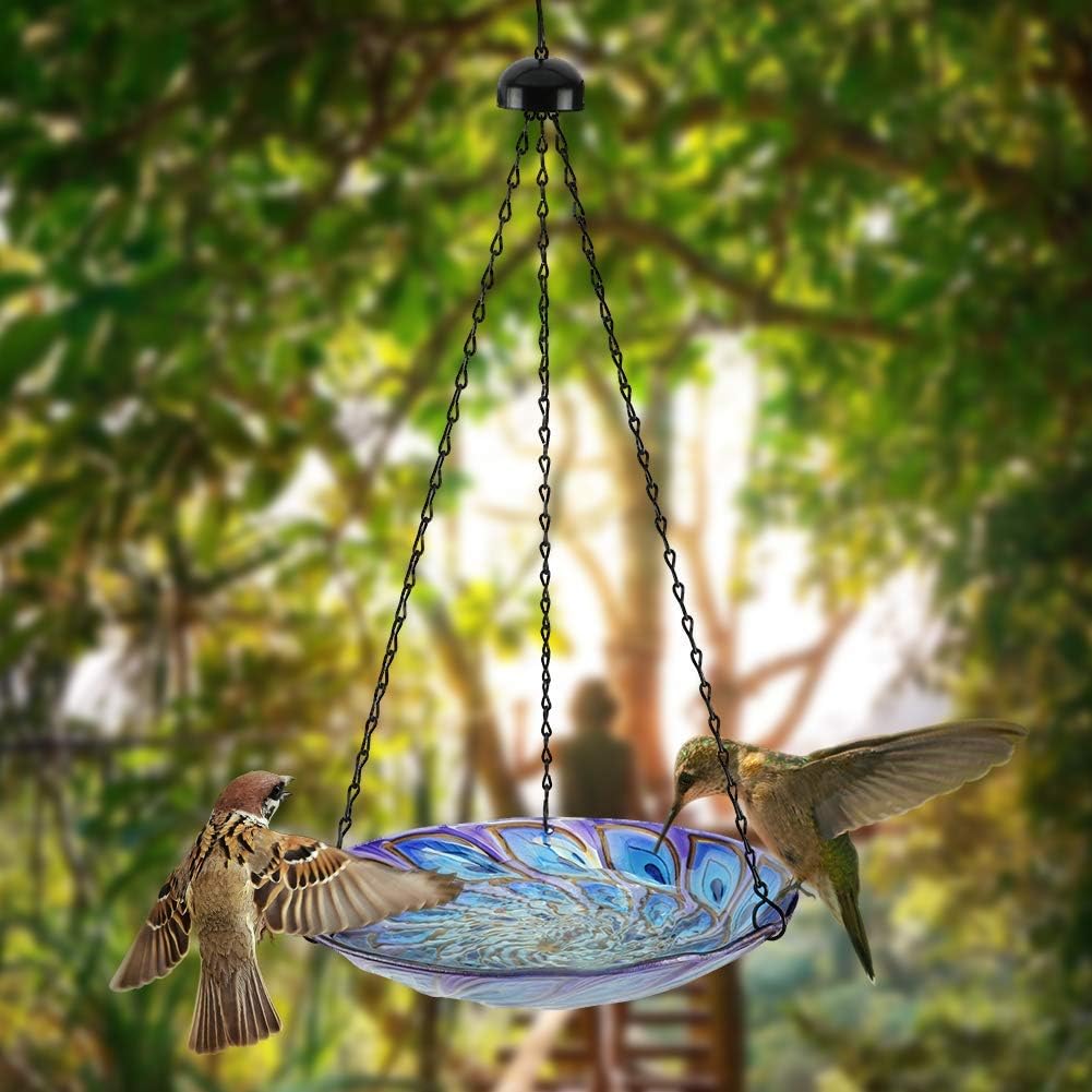 VCUTEKA Hanging Bird Baths Outdoor Glass Peacock Birdbath Birdfeeder for Garden Yard Decoration