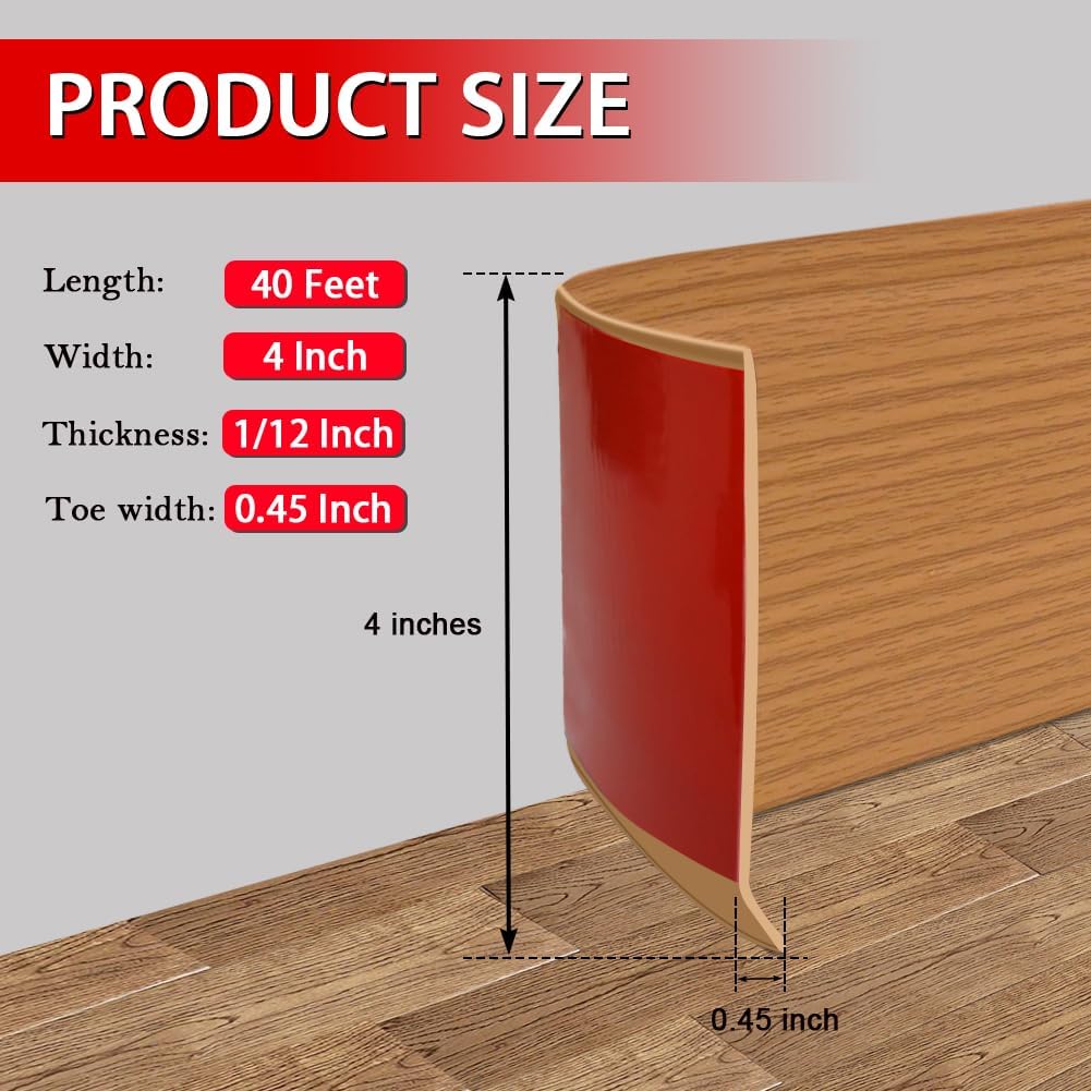 Vinyl Wall Base Baseboard Molding Trim 4" Flexible Self Adhesive Rubber Wall Base Moulding Trim Peel and Stick Design, 4 Inch x 40 Feet, Yellow Wood Grain