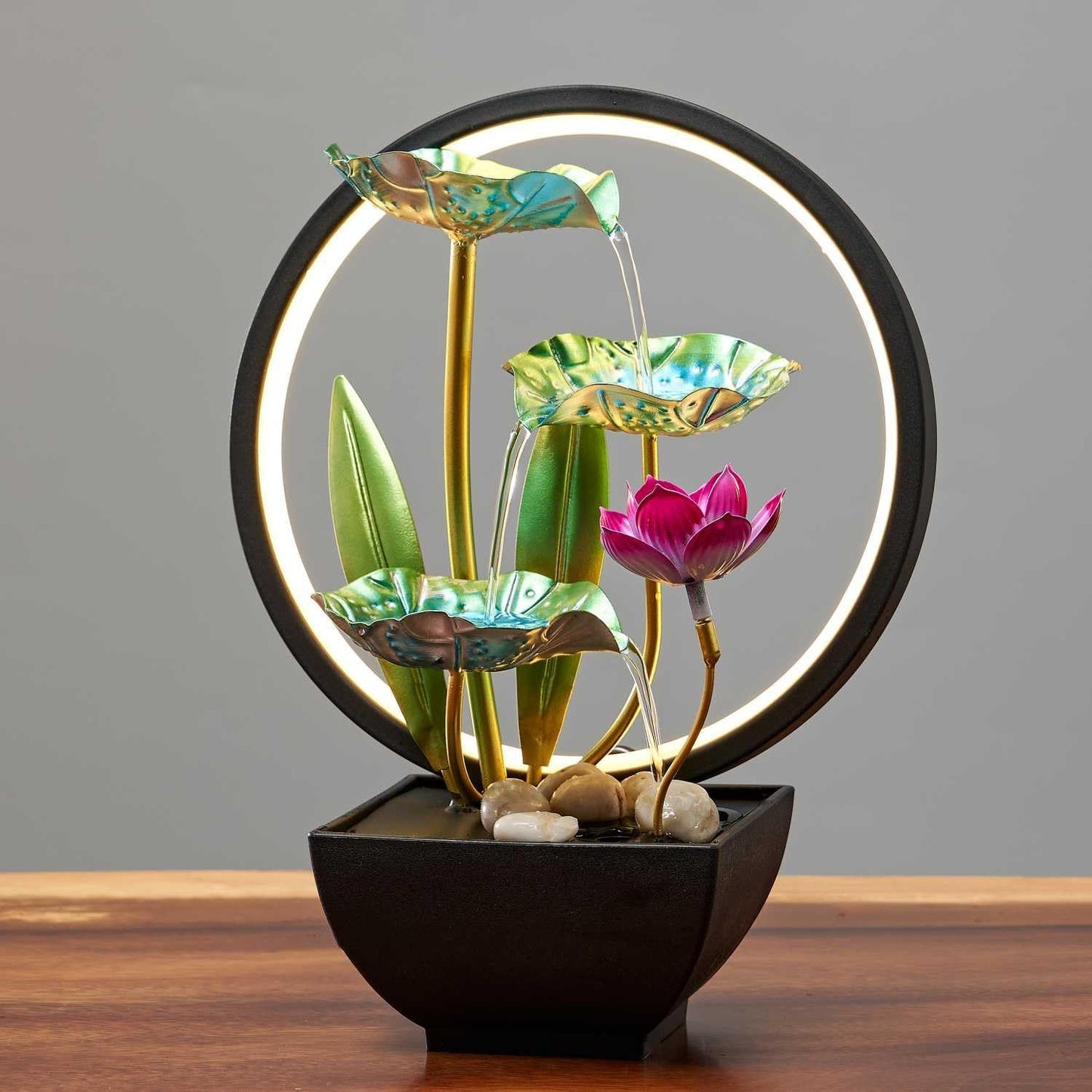 Indoor Tabletop Tiered Water Fountain 3 Level Tabletop Waterfall Meditation Fountain Includes Many Natural River Rocks LED Lights Relaxing Small Water Feature for Desk or Home Decor