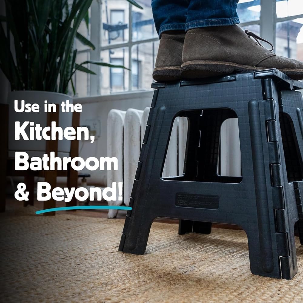 Kikkerland Rhino Foldable Step Stool – Holds Adults up to 300 Lbs, Best for Kitchen & Bathroom – Collapsible, Portable, Lightweight Stepping Stool with Sturdy, Non-Slip Design – Black, 15”