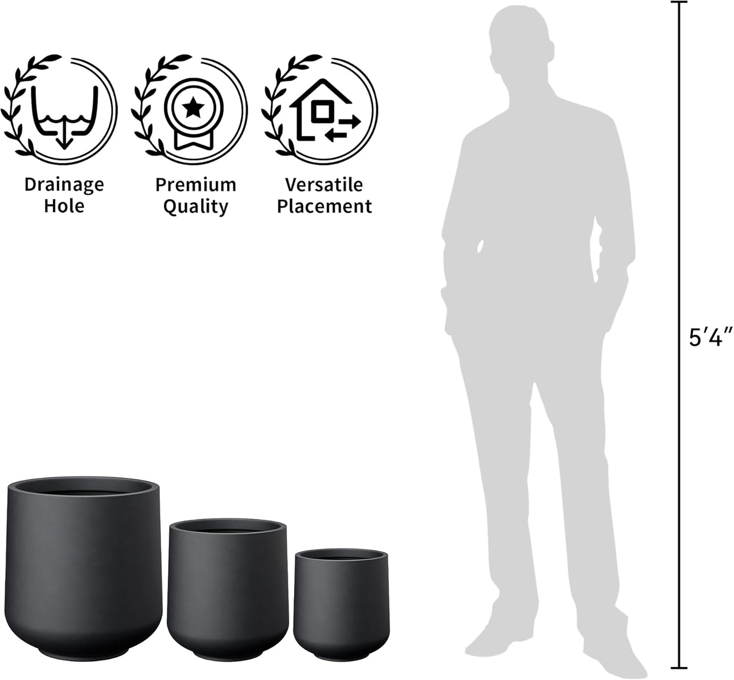 Kante 11.6" Dia Round Concrete Planter, Outdoor Indoor Large Plant Pots Containers with Drainage Hole and Rubber Plug for Home Garden Patio, Black
