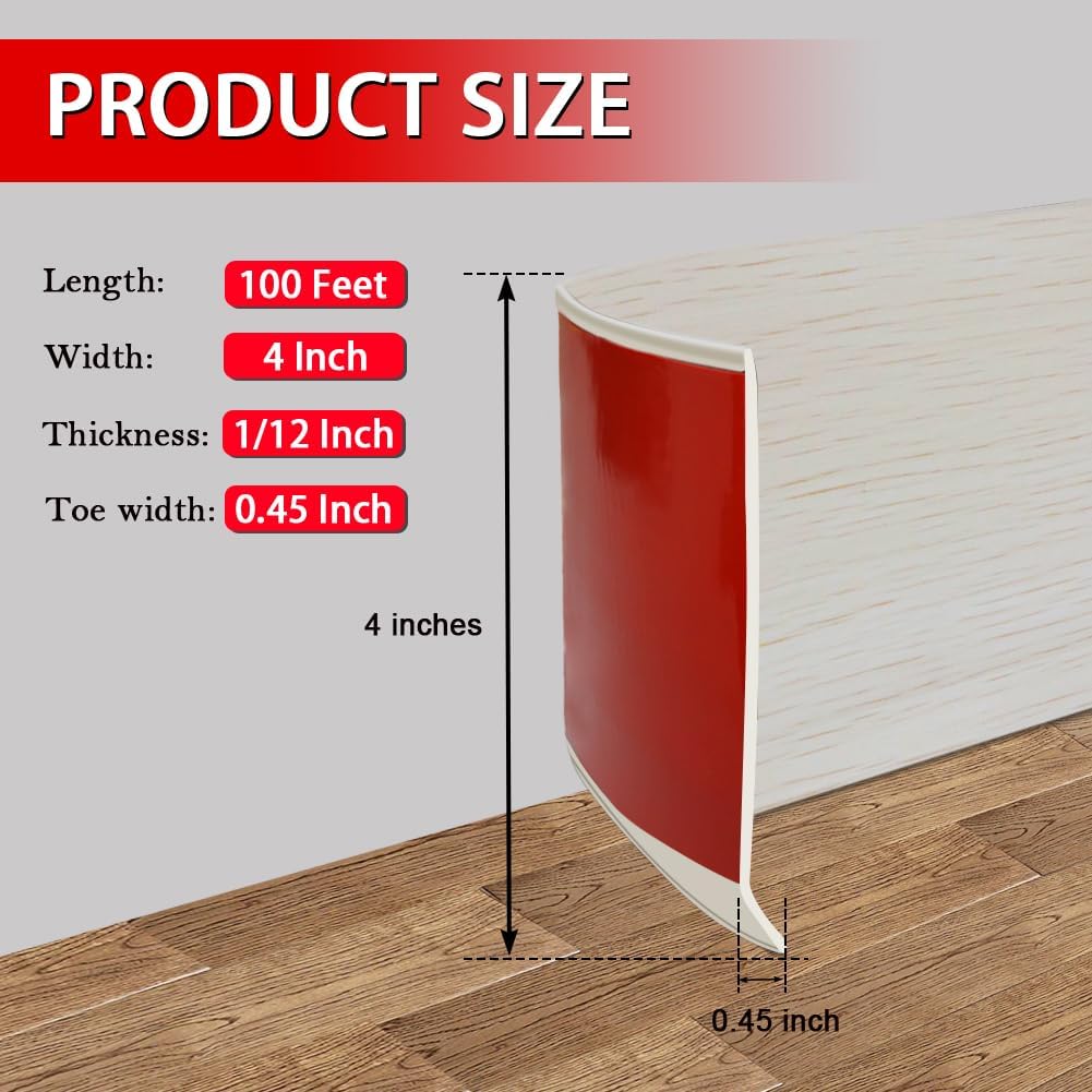 Vinyl Wall Base Baseboard Molding Trim 4" Flexible Self Adhesive Rubber Wall Base Moulding Trim Peel and Stick Design, 4 Inch x 100 Feet, Beige Wood