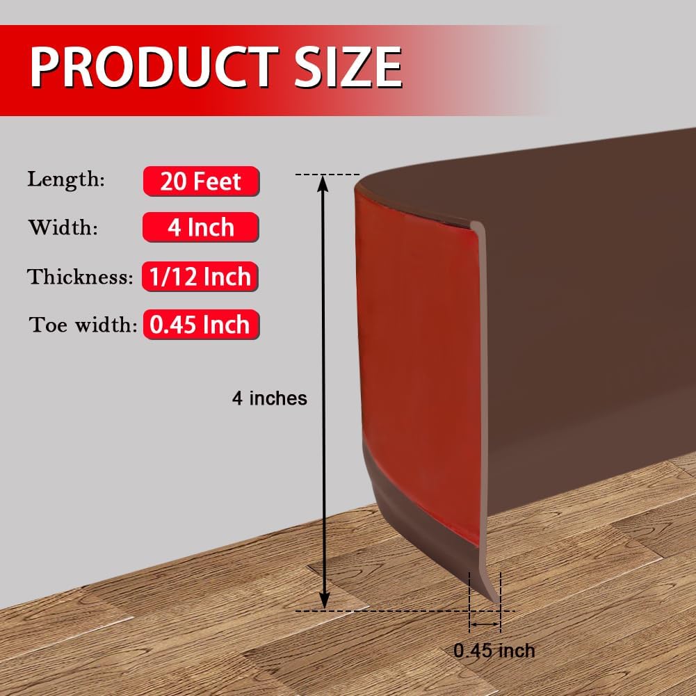 Vinyl Wall Base Baseboard Molding Trim 4" Flexible Self Adhesive Rubber Wall Base Moulding Trim Peel and Stick Design, 4 Inch x 20 Feet, Brown