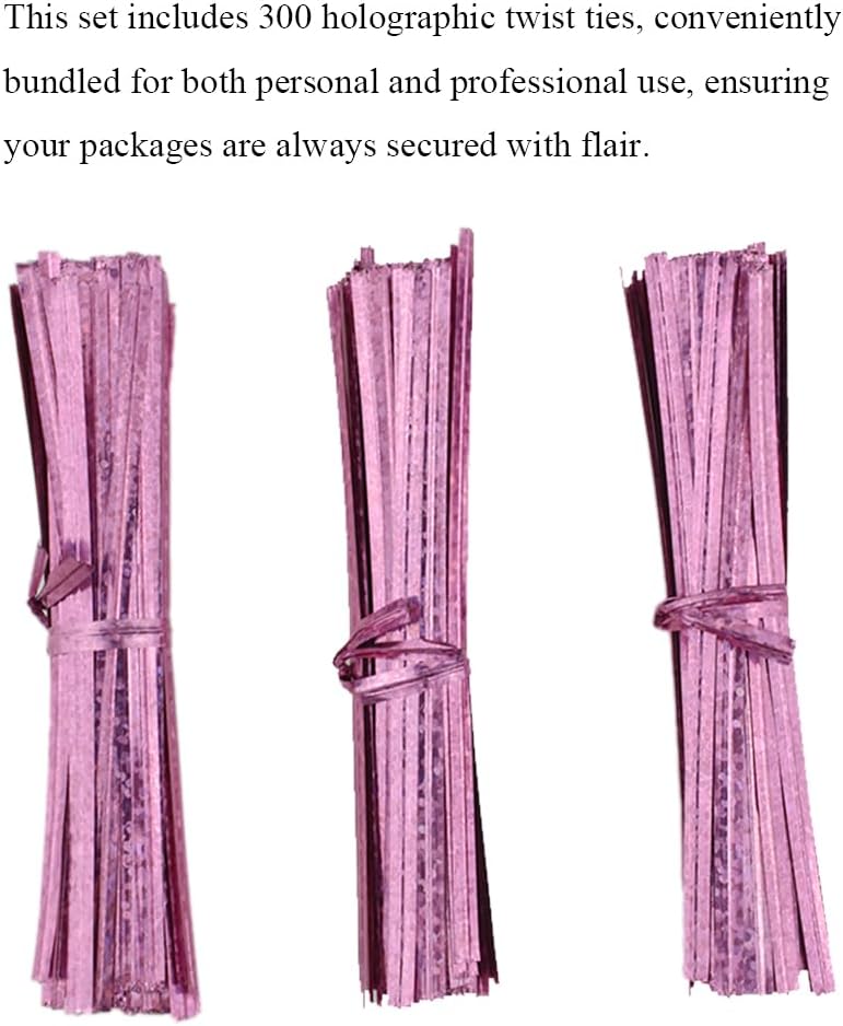 HAHIYO 300Pcs 4inches Holographic Pink Metal Twist Ties Bread Candy Coffee Bag Ties Plant Garden Twist Ties for Cellophane Treat Bags Gift Wraping Bags Plastic Bags Party Cake Present Art Crafts