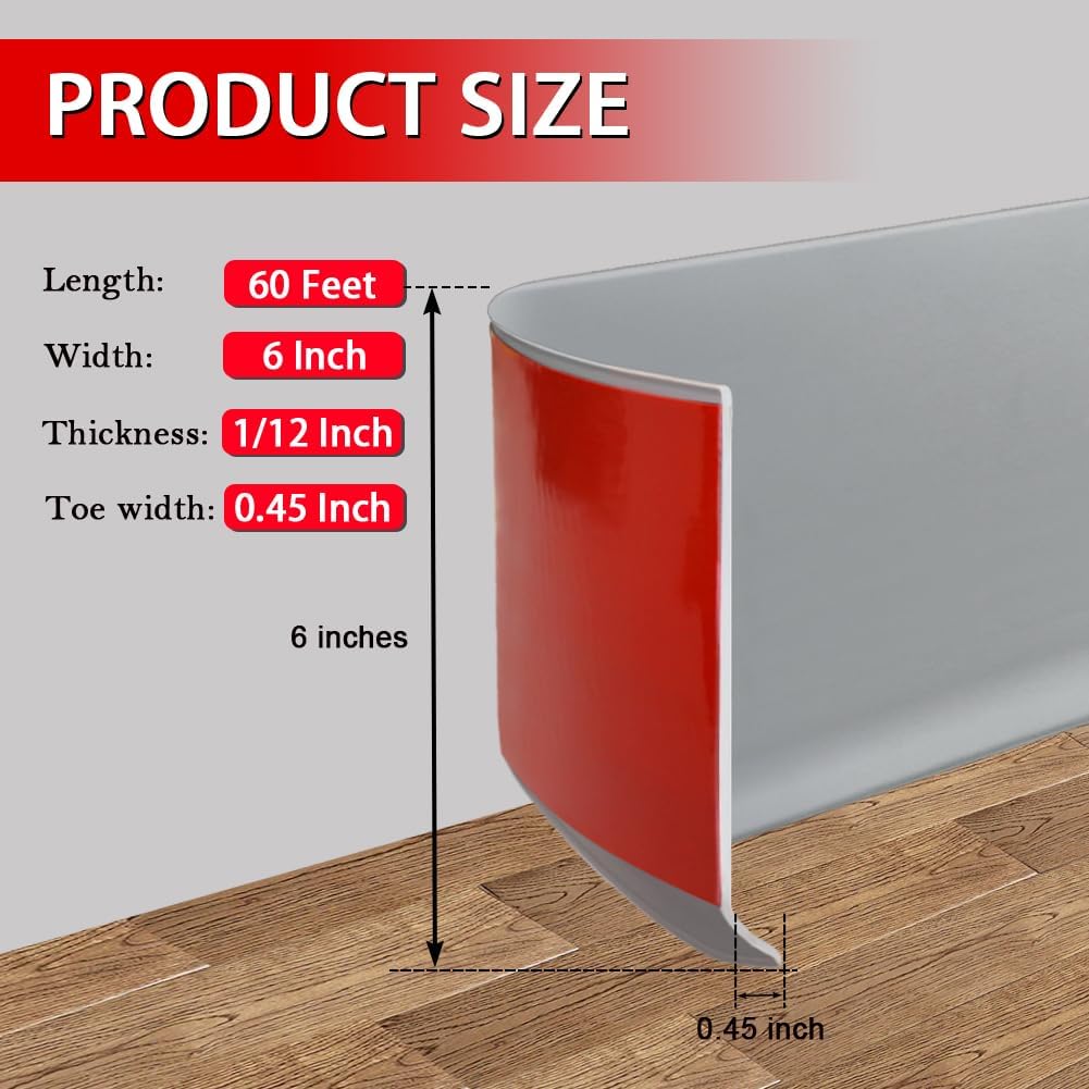 Vinyl Wall Base Baseboard Molding Trim 6" Flexible Self Adhesive Rubber Wall Base Moulding Trim Peel and Stick Design, 6 Inch x 60 Feet, Gray