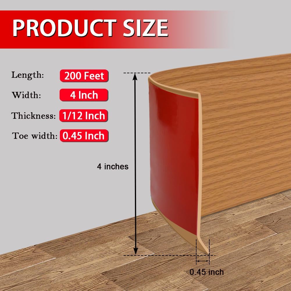 Vinyl Wall Base Baseboard Molding Trim 4" Flexible Self Adhesive Rubber Wall Base Moulding Trim Peel and Stick Design, 4 Inch x 200 Feet, Yellow Wood