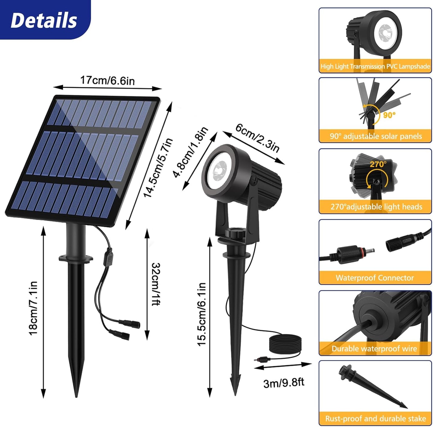 T-SUNUS Halloween Solar Garden Spotlight Outdoor 6-in-1 White Landscape Spot Lights IP65 Waterproof Separated Panel Dusk to Dawn 6000K Spotlights for Christmas Tree Yard Driveway Pathway Porch Walkway