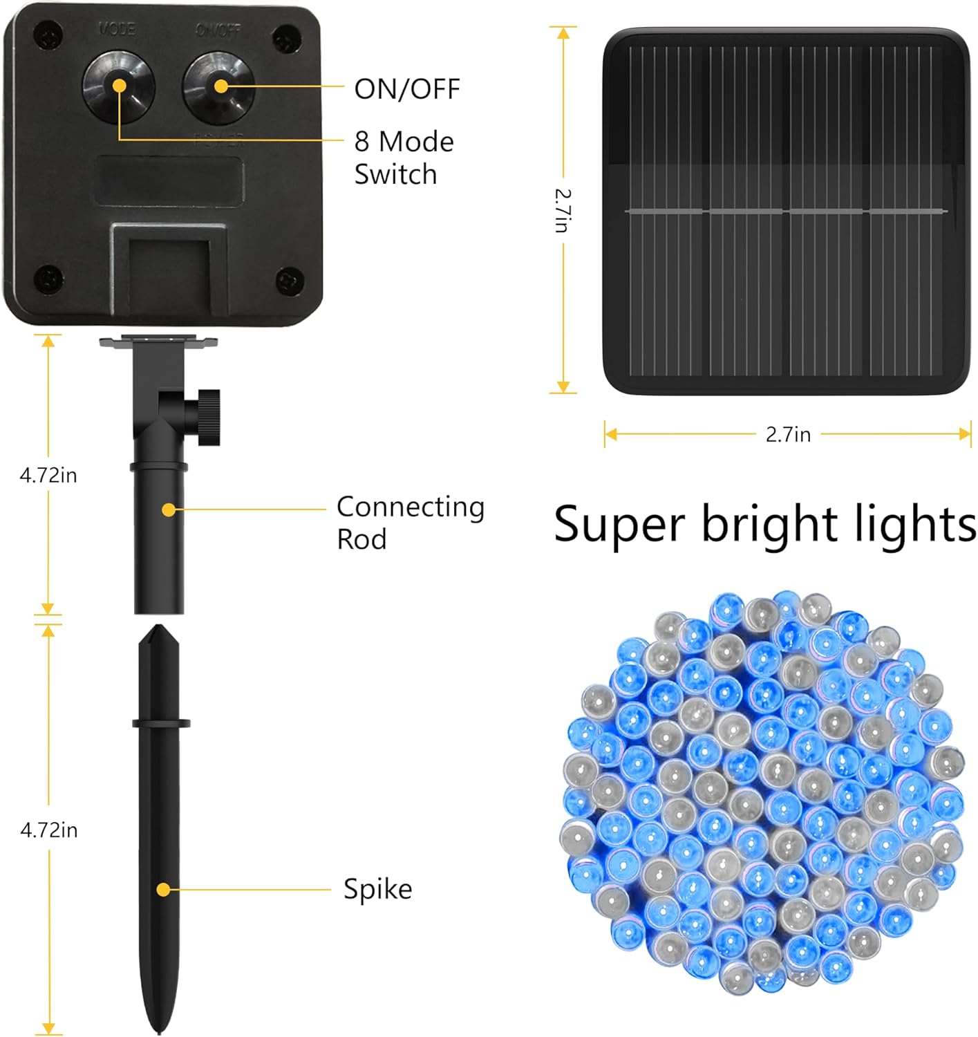 Solar String Lights for Outside, 39Ft 100 LED Solar String Lights Outdoor with 8 Modes,Solar Lights for Outside Waterproof for Yard, Fence,Balcony, Party,Christmas Tree Decorations (Blue&White)