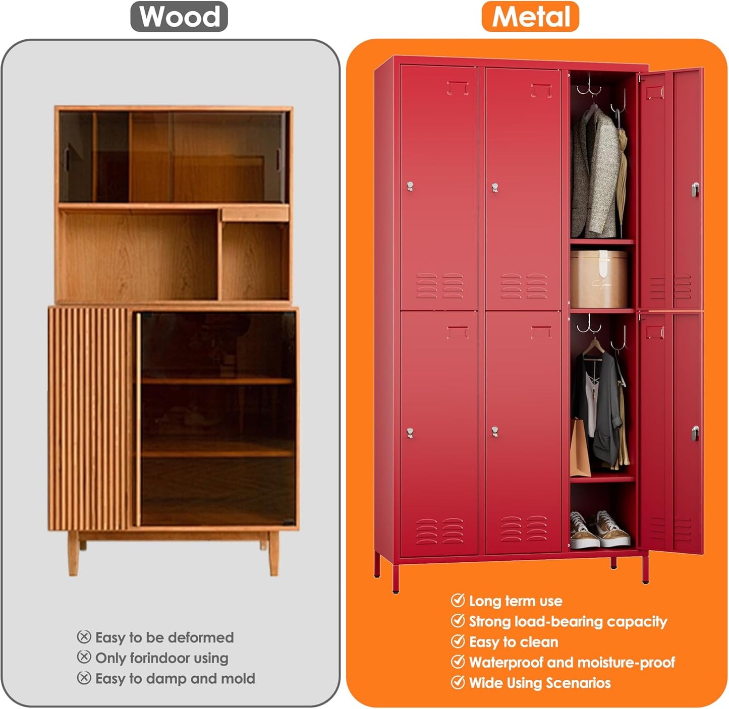 6 Doors Metal Lockers for Employees with 6 Shelves and 18 Hooks, Storage Locker with Business Card Holder for Office Gym School Bedroom, Assembly Required, Red