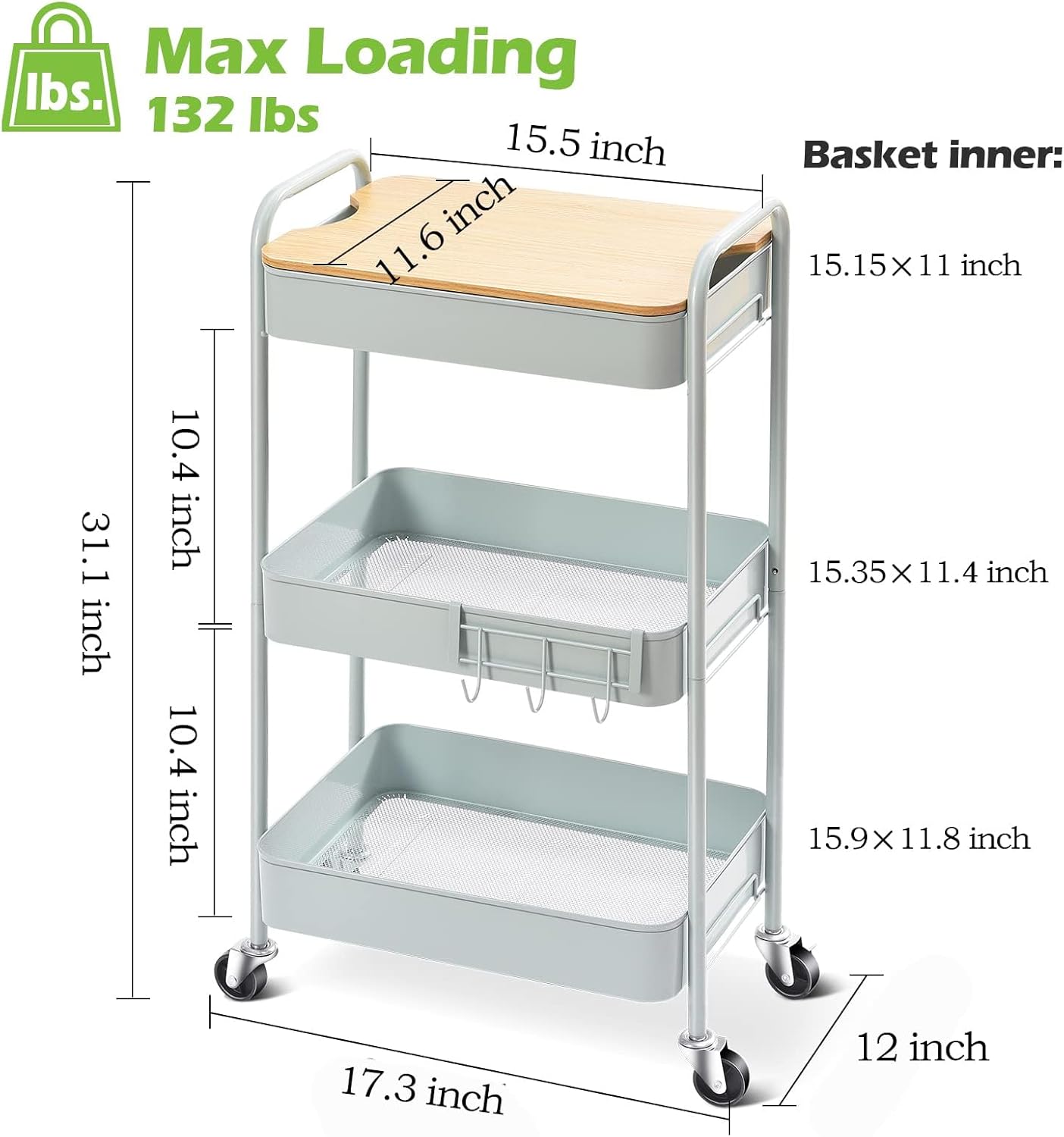 TOOLF 3-Tier Rolling Cart with Table Top, Metal Storage Cart on Wheels, Utility Organizer with Wooden Tray, Lockable Casters, Easy Assembly for Bathroom, Bedroom, Baby Room, Kitchen, Green