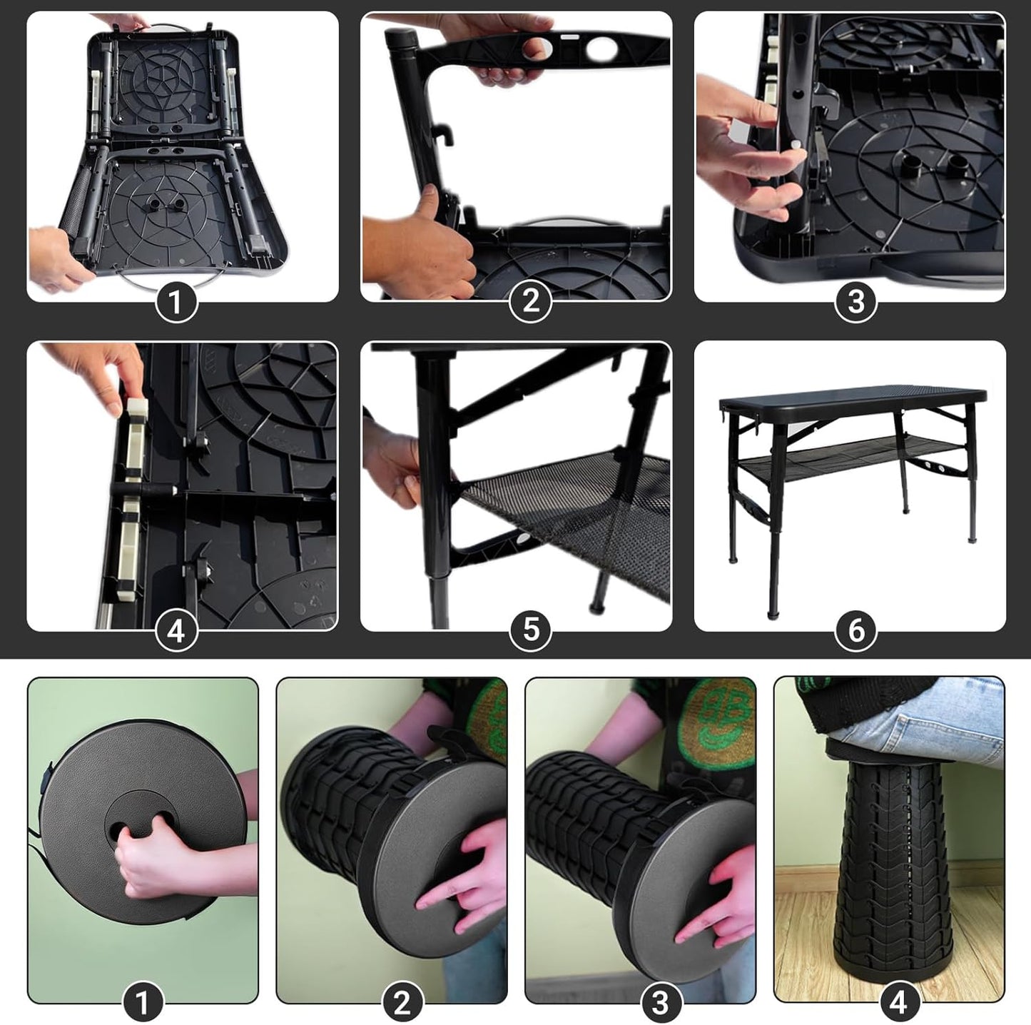 Folding Table and Stool, Small, Black, 4 Foot Outdoor Portable Table, Adjustable Height, Camping, Picnic, RV Table, 55lbs Load-Bearing, Lightweight