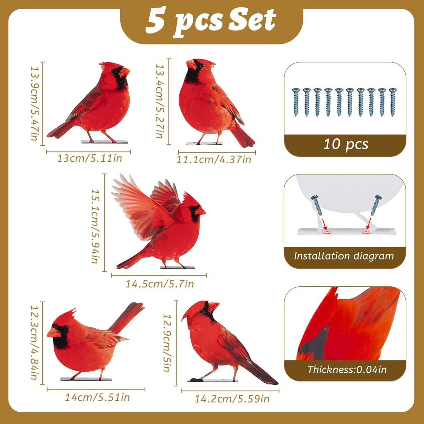 HUYIENO 5PCS Vivid Metal Birds Fence Decor Color Painted Outdoor Garden Natural Bird 2D Sculptures for Outdoor Fences, Patio, Garden and Bird Lovers (Cardinal)