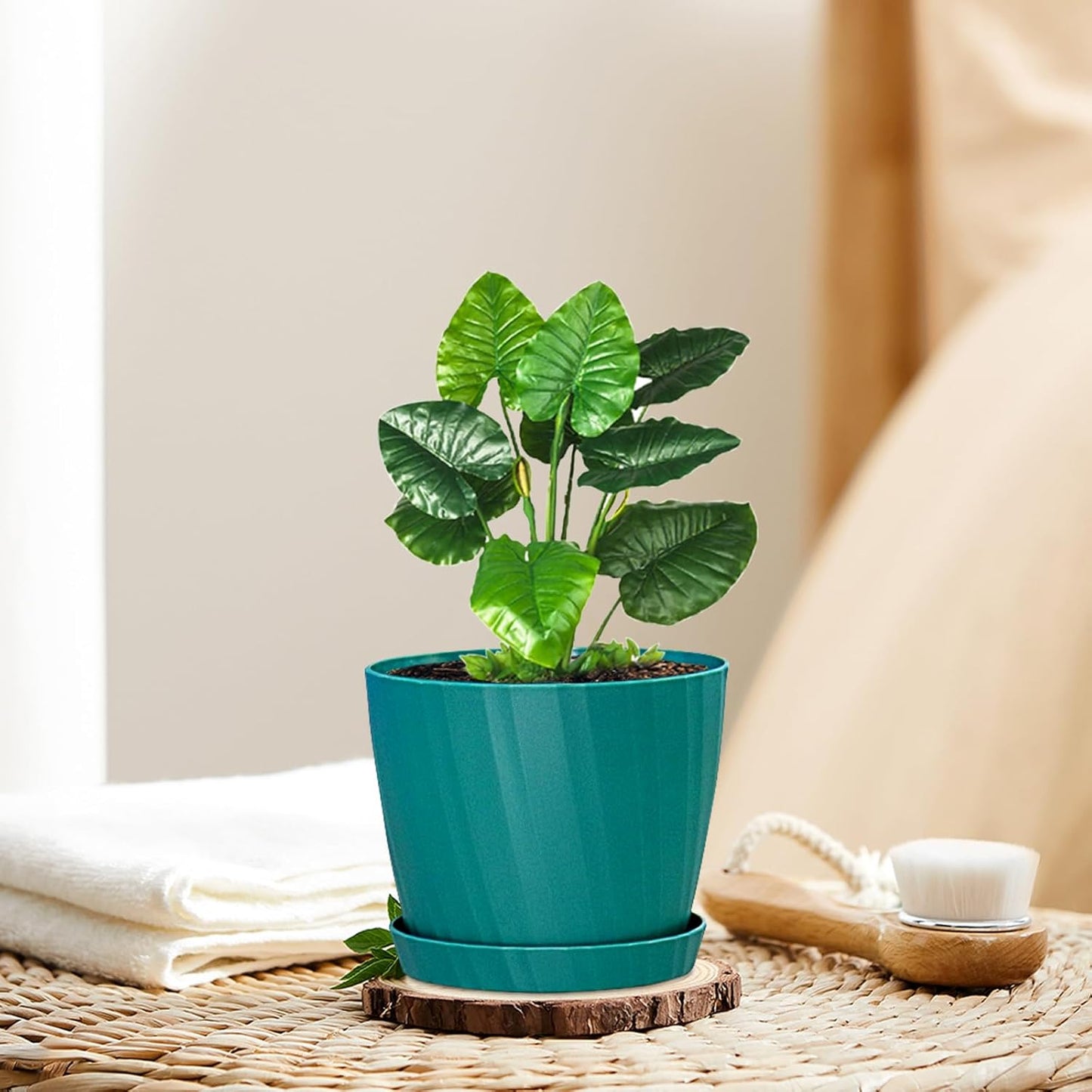 6 Inch Plant Pots Bulk, 6 Pack Plastic Planters with Drainage Holes and Saucers for Indoor Outdoor House Plants and Flowers, Green