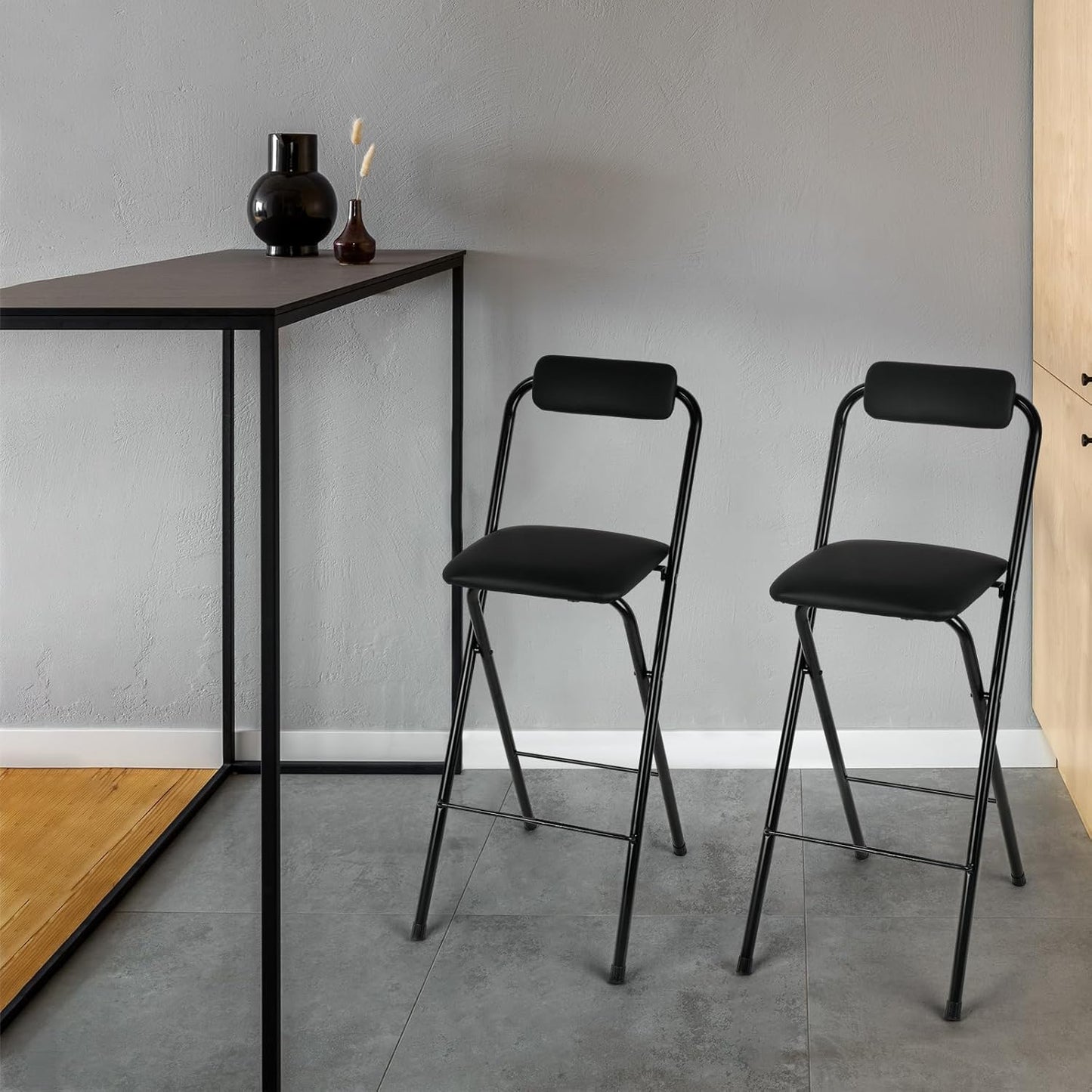 Thyle 1 Pcs Folding Bar Stool with Backrest, Tall Foldable Stool Chair Portable High Folding Bar Chair Counter Height Seat Leather Padded for Kitchen Island Shop Cafe Dining Room Black (25.5 Inch)