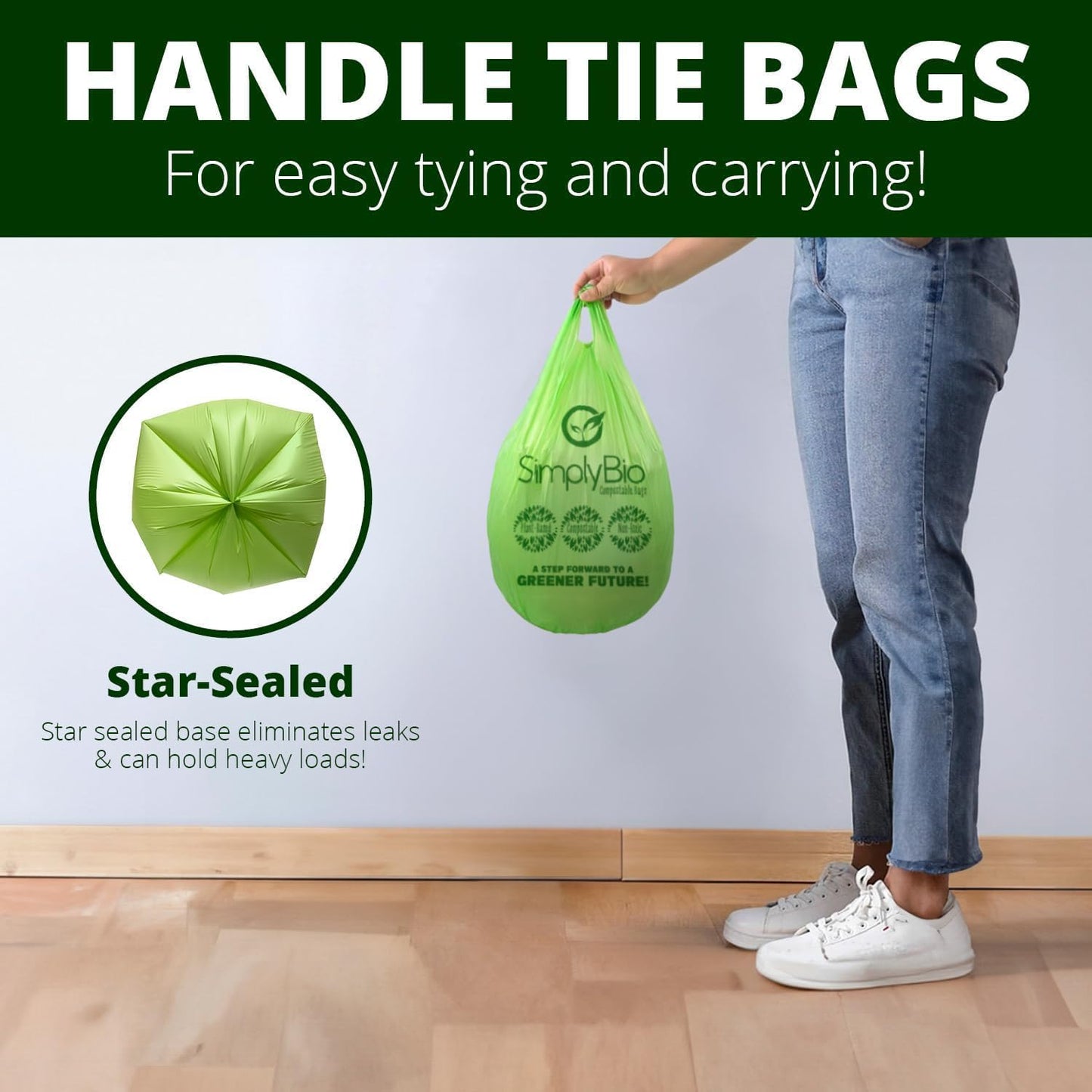 1.6 Gallon Compostable Trash Bags Handle, Heavy Duty Thick 0.6 Mil, 6.06 Liter, 50 Bags, Small Kitchen Food Scrap Waste Bag, ASTM D6400, US BPI and OK Compost Home Certified