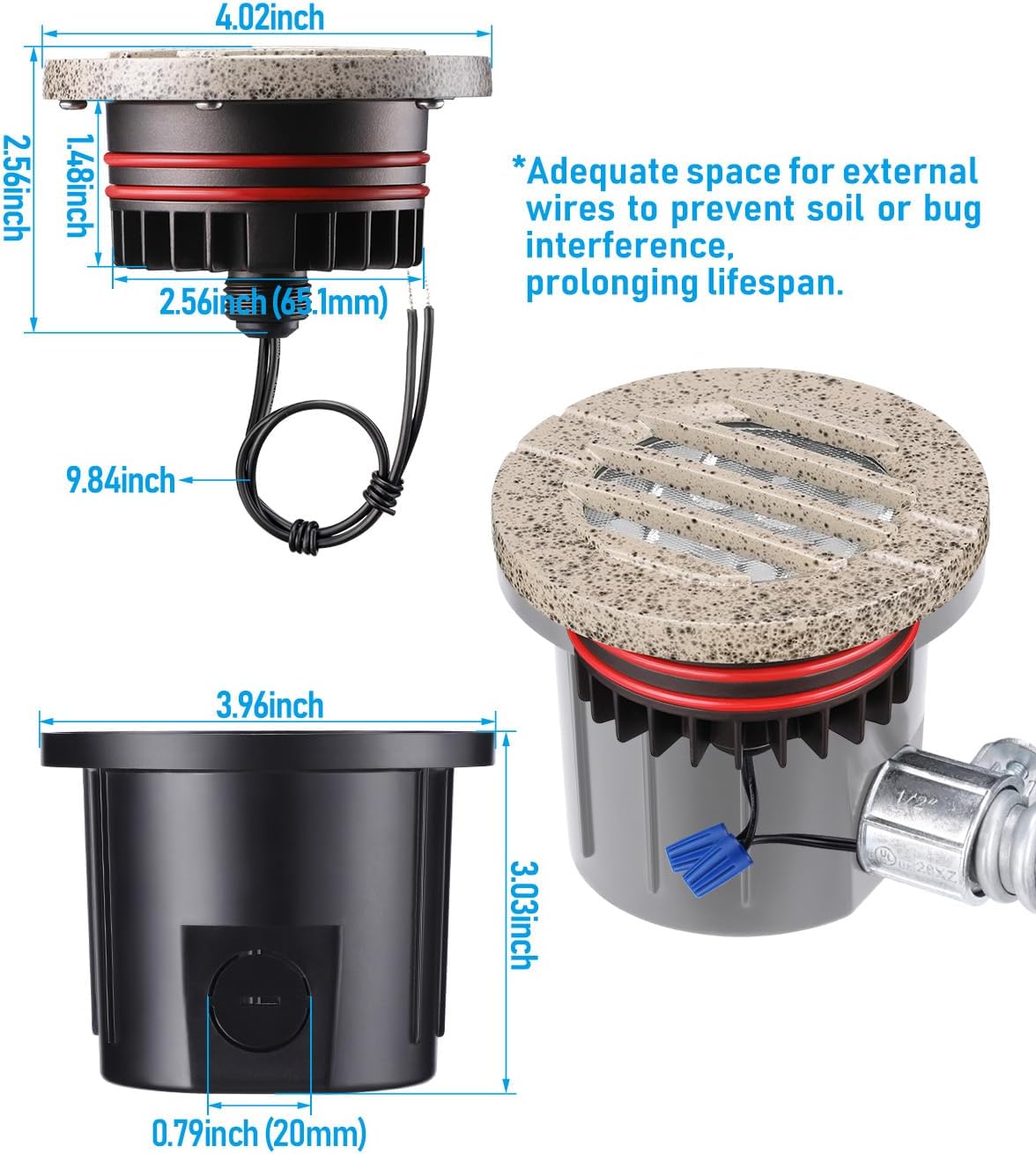 LEONLITE Dia. 4 Inch Well Lights Landscape LED In Ground, Grated Top, 3000K Warm White, 12-24V AC/DC CRI90 Low Voltage Garden Landscaping, Rock Color Aluminum Housing, Pack of 6