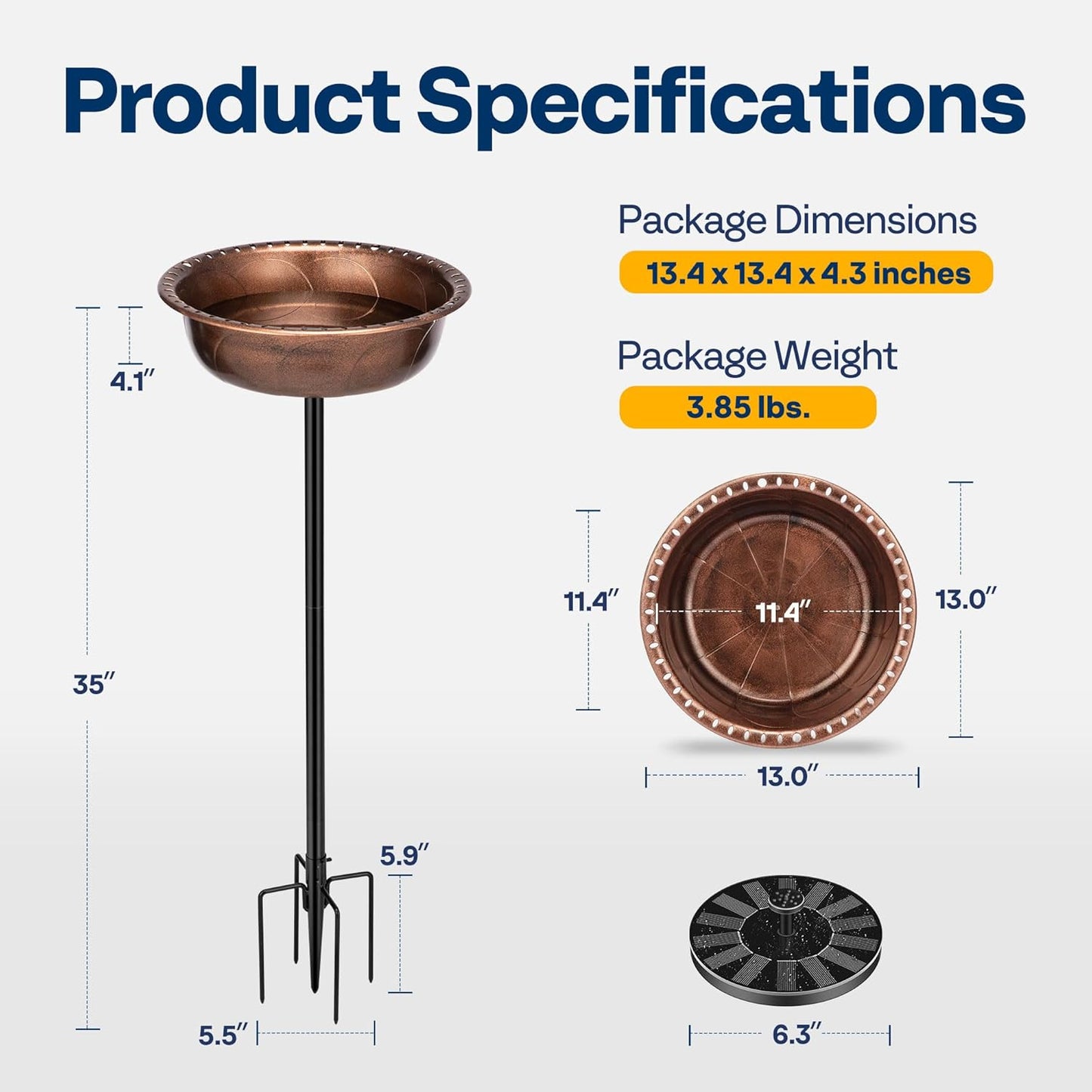 VIVOHOME Polyresin Bird Bath Bowl with Solar Fountain, 29 Inch Height Outdoor Freestanding Birdfeeder with Metal Stake, Capacity 1.4 Gallons, 5-Pronged Base, Bronze