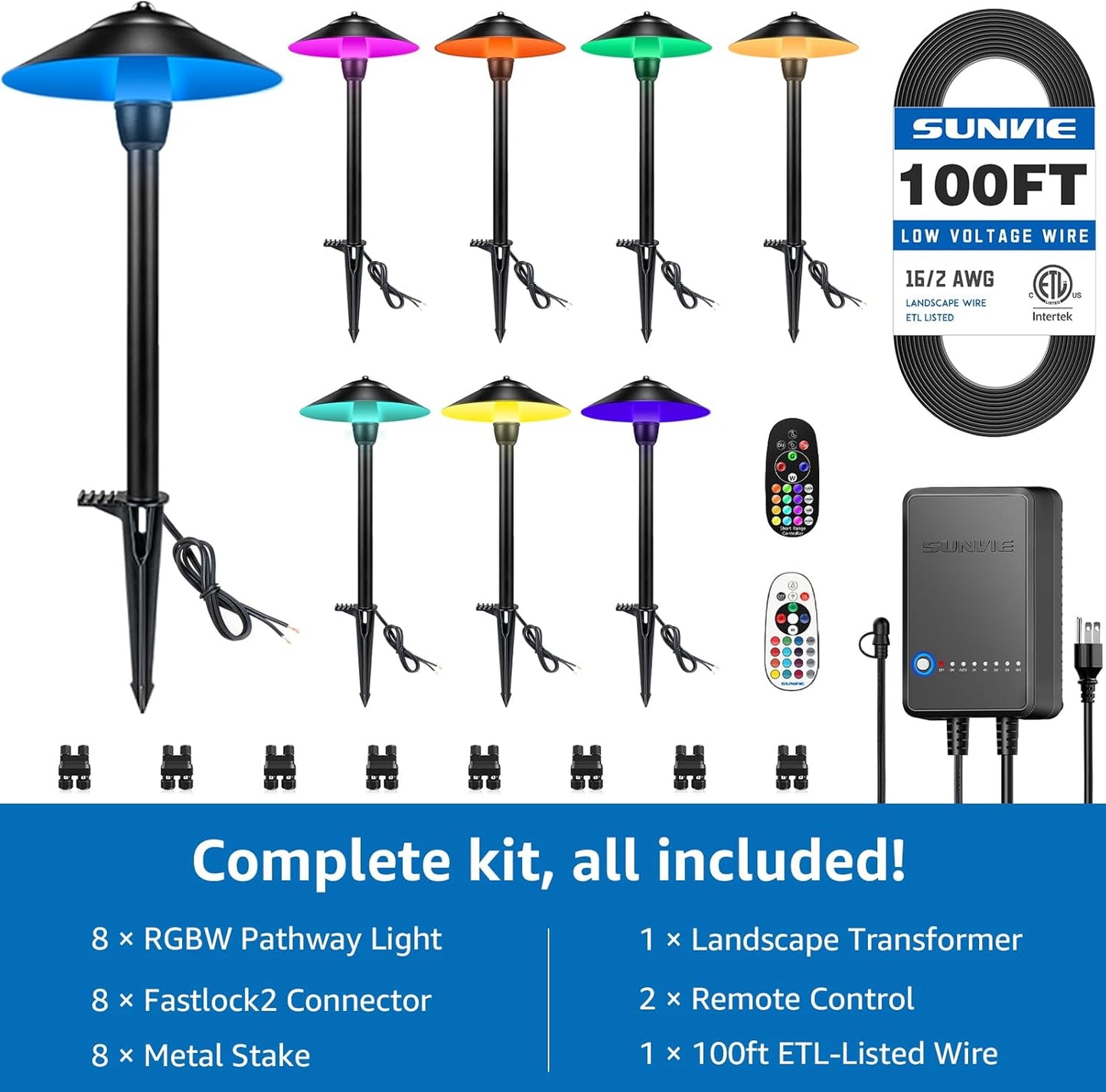 SUNVIE All-in-One RGBW Landscape Lighting Kit, 8 Pack Color Changing Low Voltage Landscape Lights with Connector Transformer 100FT Wire, 3W Multi-Color Pathway Lights for Holiday Walkway Garden Yard