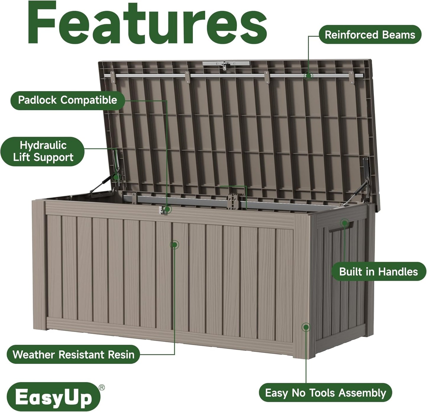 120 Gallon Outdoor Storage Box Waterproof, UV Resistant Resin Deck Box with Hydraulic Rod, Reinforced Stability for Patio, Garden, and Pool, Striped Gray