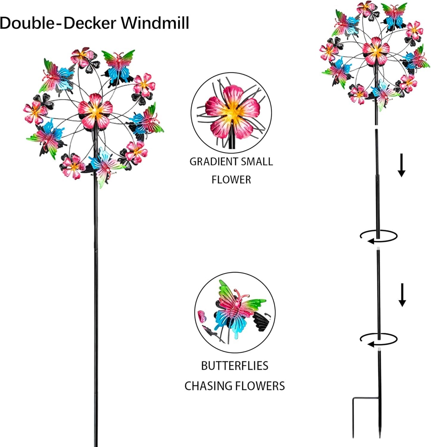 38" Double Blade Butterfly Wind Spinners Outdoor, Colorful Butterflies Kinetic Outdoor Decor for Patio, Lawn & Garden Decor