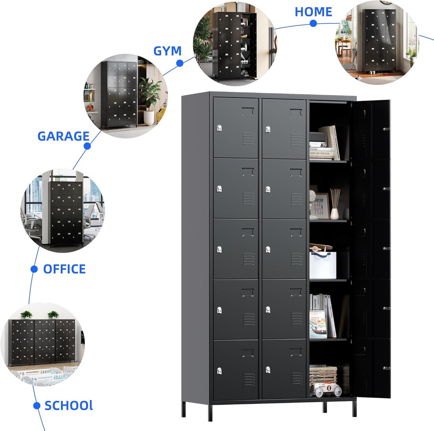 METAN Metal Locker for School Office Gym Bedroom, 15 Doors Black Steel Storage Locker Cabinet for Employees, Industrial Storage Locker, Assembly Required (15 Door-Black)