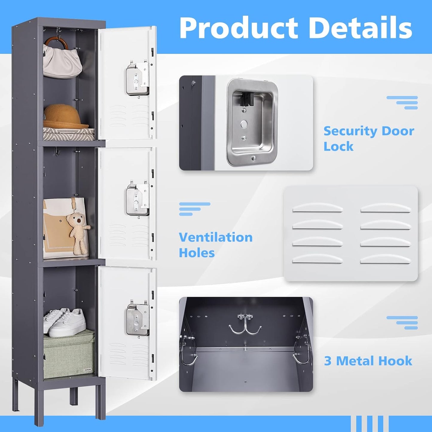 Letaya Storage Locker,66" Employees Metal Cabinet 3 Door Lockable for School Gym Home Office Staff