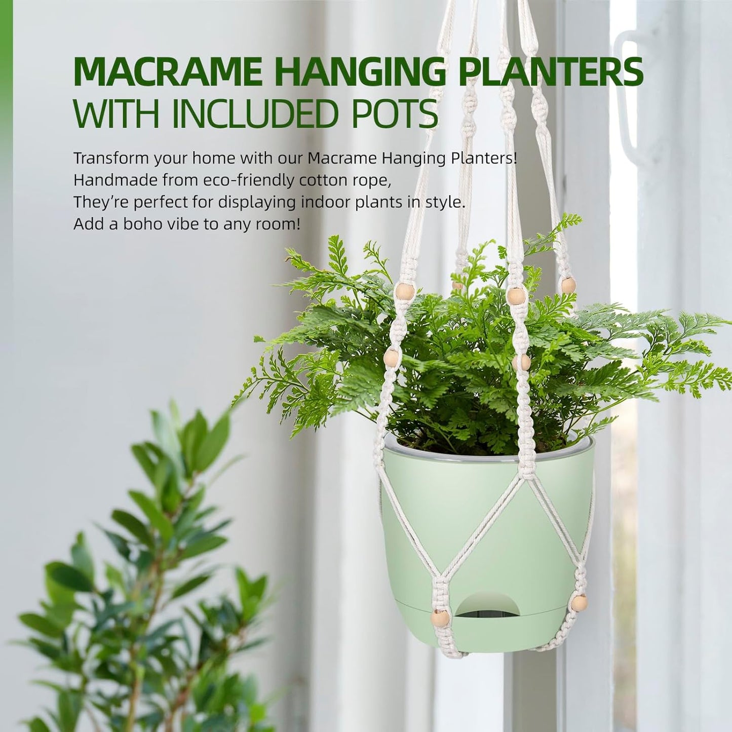 2-Pack 7..1-Inch Self-Watering Hanging Planters for Indoor & Outdoor Plants,34Inch Macrame Hanger Plant Pots Indoor with Drainage,Small Hanging Planters & Baskets,With Two Sets of Hooks(Pure green)