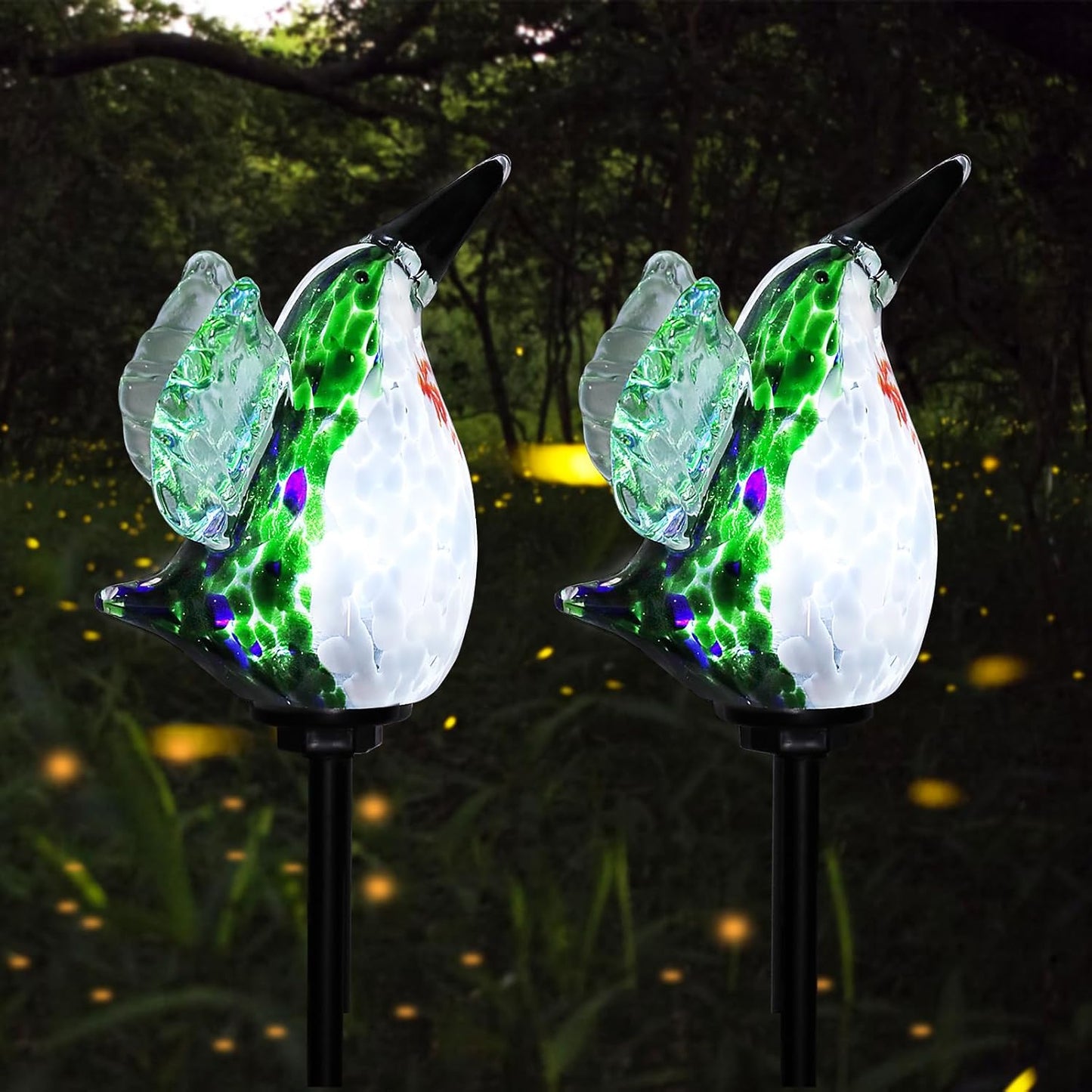 Afirst Solar Hummingbird Garden Stake Lights Hand Blown Glass Decorative Garden Pathway Lights Outdoor Waterproof Bird Glass Stakes 2 Pack