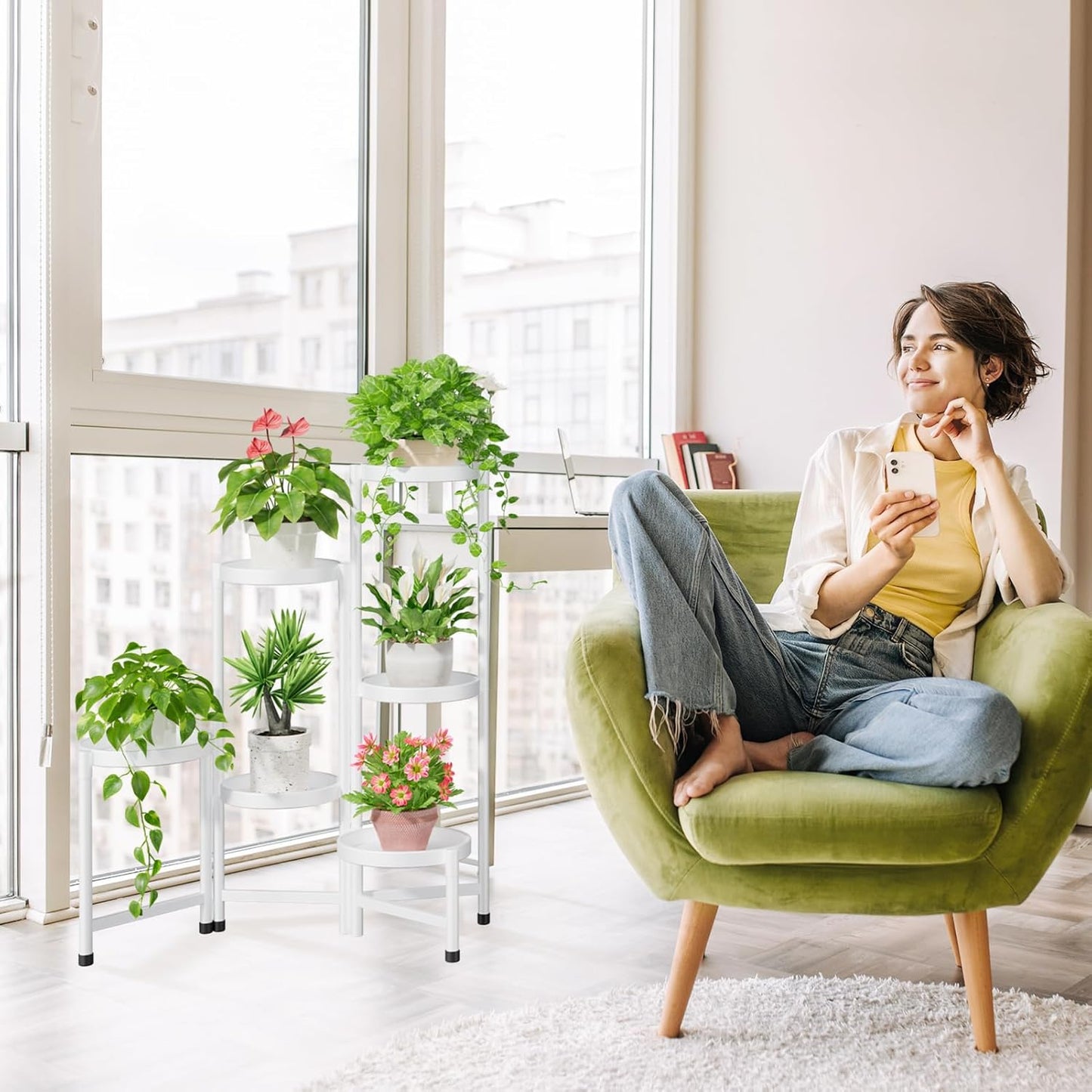 iDavosic.ly Plant Stand Indoor Outdoor, 6 Tier Corner Metal Flower Display Holder Shelf, Folding Tall Orchid Rack for Patio Balcony Porch Garden Living Room House, White