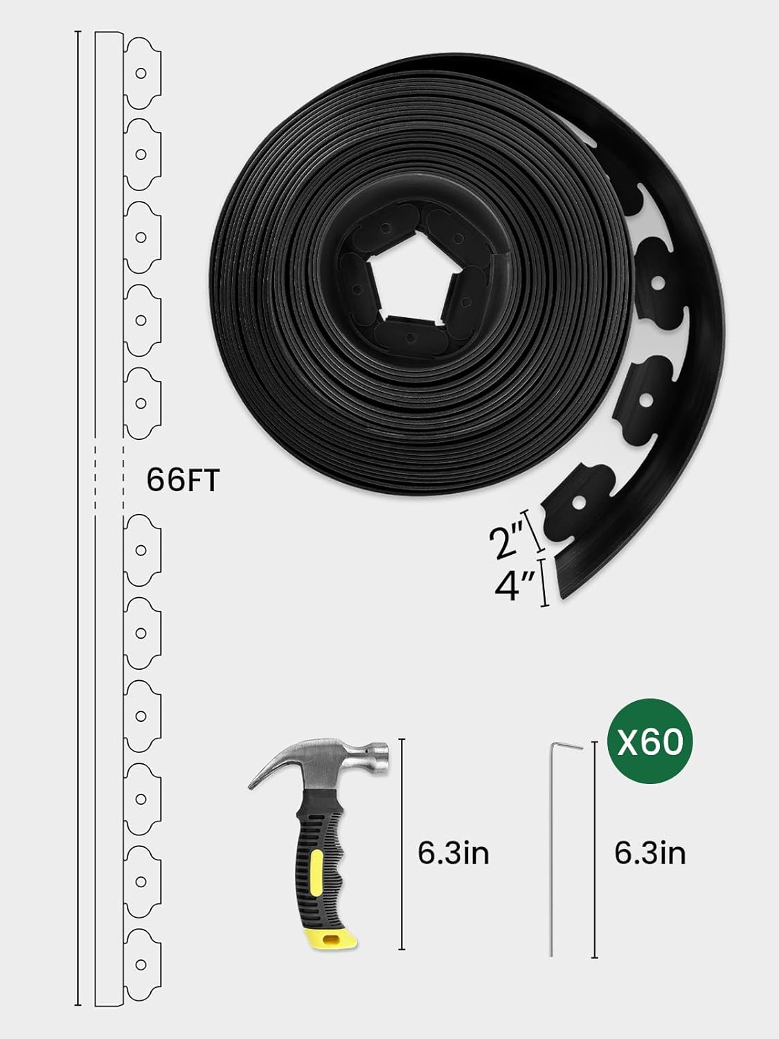 GROWNEER 66FT Landscape Edging Flexible 4 inch Tall Garden Border with 60pcs Galvanized Steel Anchoring Spikes and Hammer Lawn Edging Kit for Flower Bed, Pathway, Landscaping Project, Black