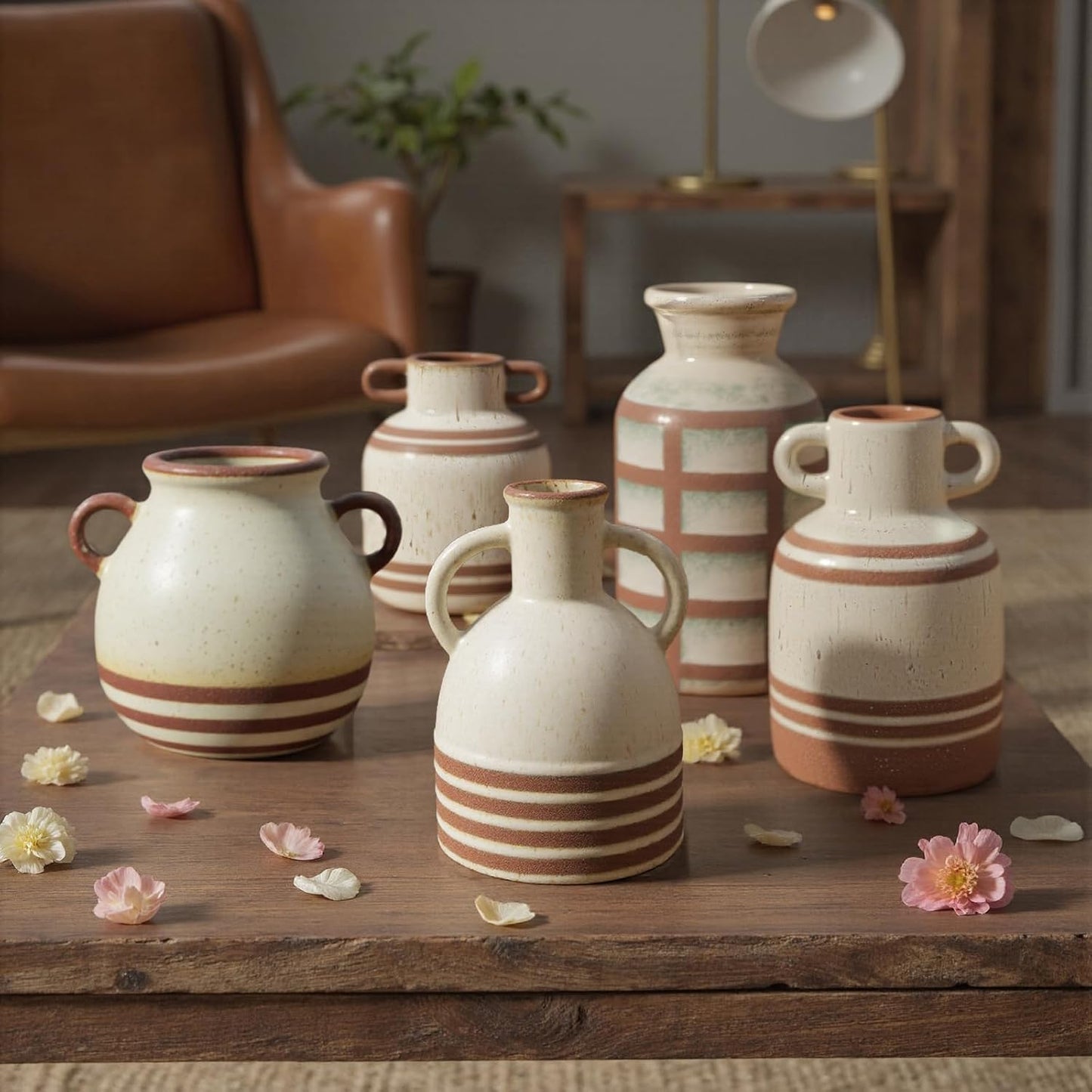 Rustic Farmhouse Ceramic Vase, Pastoral with 2 Ear Design, Boho Vintage Terracotta Vases for Bouquet、Fake Plants, Suitable for Home Decor, Shelf, Dining Table, Living Room, Mantle, Bathroom, 6.9 Inch