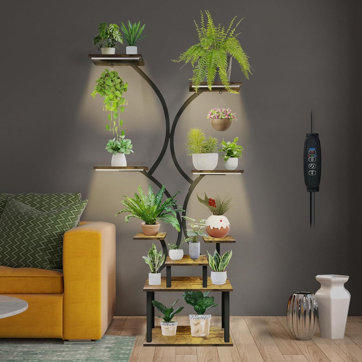 Plant Stand with Grow Lights, 9 Tiered Indoor Plant Shelf, 65” Tall Plant Holder for Indoor Plants Multiple, S-Shaped Metal Corner Plant Rack with Hanger for Home, Patio