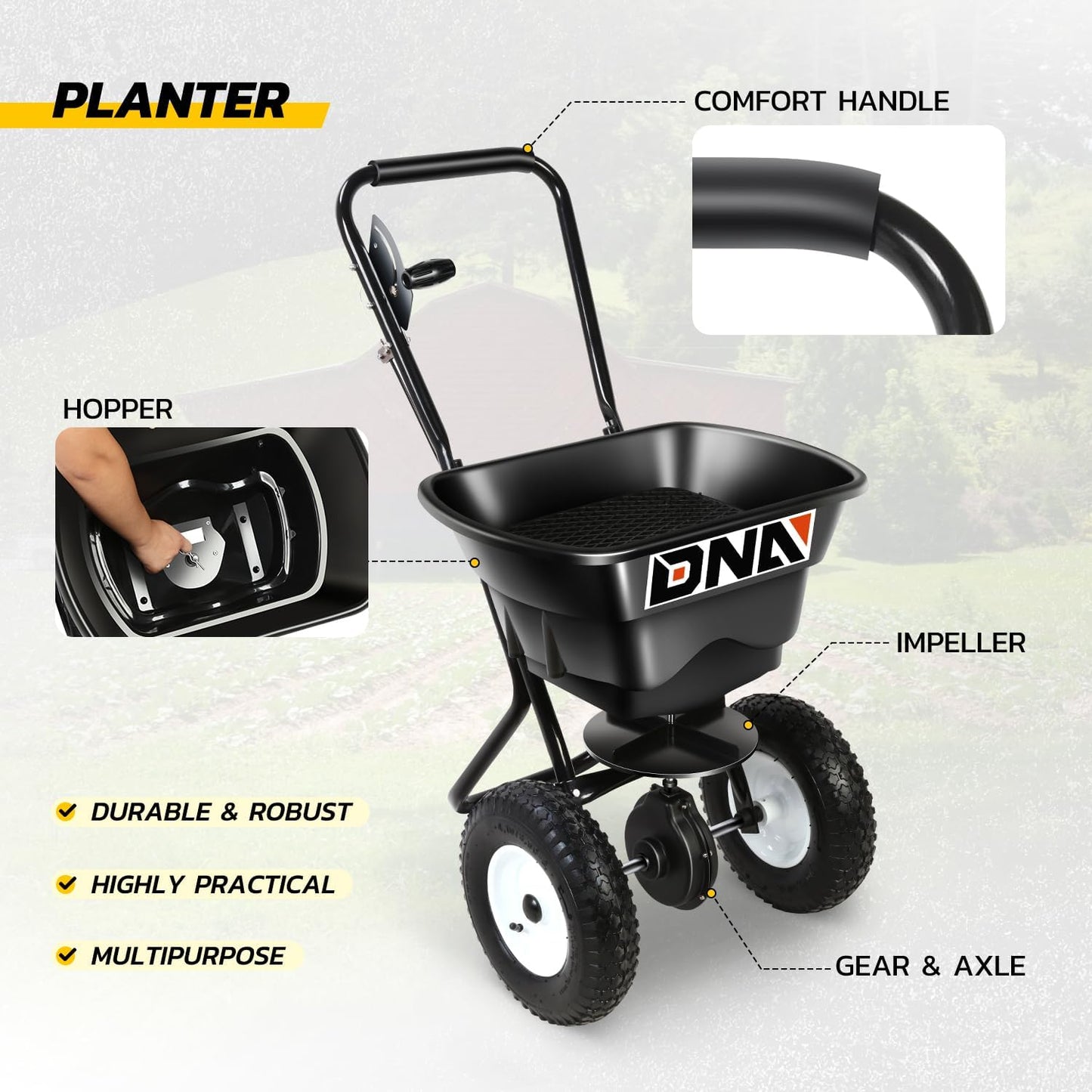 DNA MOTORING 80lb Walk-Behind Broadcast Spreader 36KG/29L Capacity, Garden Seeder with Wheels, for Residential Farm Seeding, TOOLS-00469