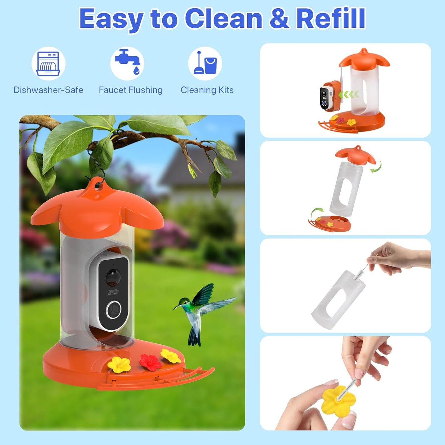 Hummingbird Feeder with Camera for Outdoor - 2K QHD Video, Instant Notifications & AI Bird Species, Ant Moat, Bee Proof, Motion Detection, 2.4G WiFi, Signal Booster, Gift for Bird Lovers OrangeS1